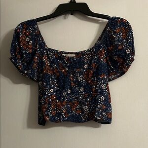 Floral Puff Sleeve Top - Blue and Rust